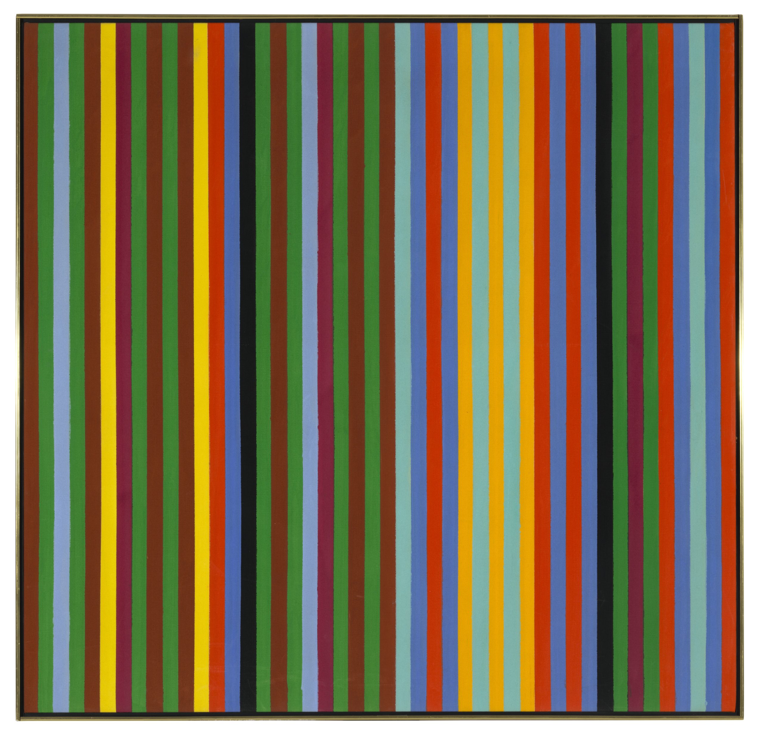 An abstract painting of solid color stripes in random order.
