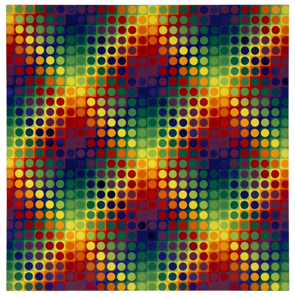 An abstract painting of various colored circles on squares, laid in a grid making visual cross hatches.