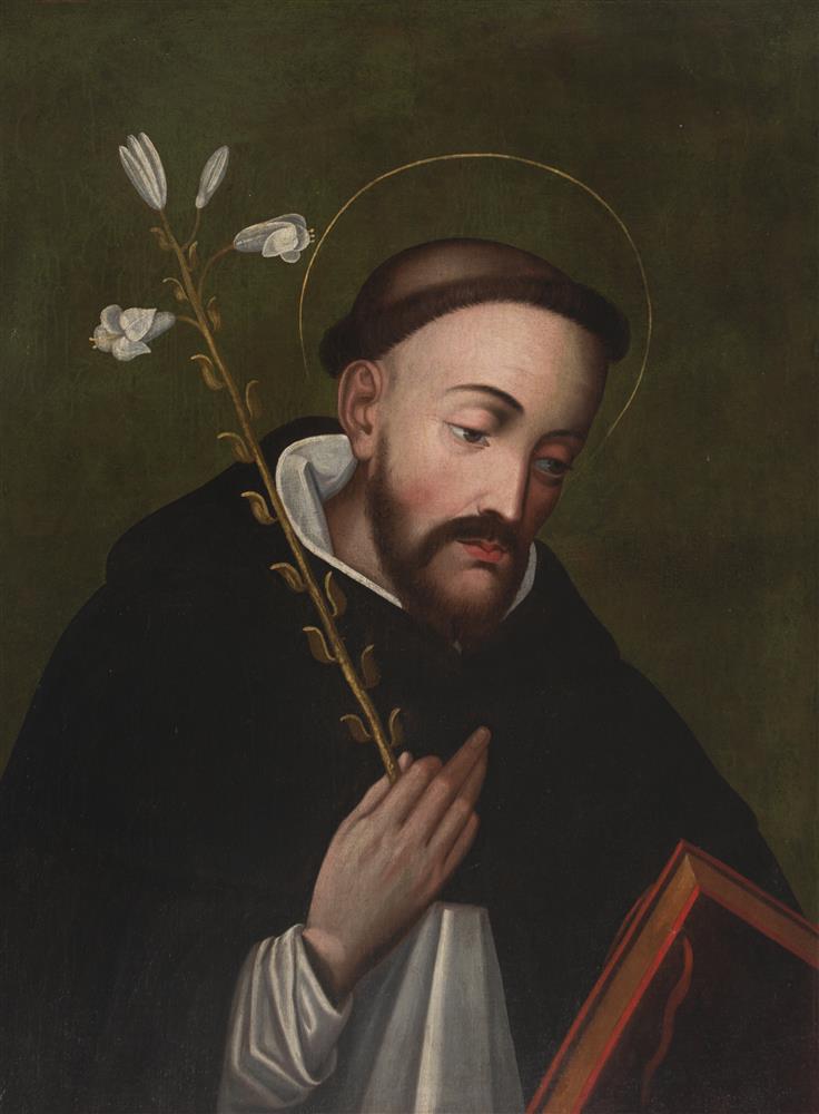 A painting depicting Saint Dominic de Guzmán. He wears a Dominican Order habit and holds a lily and book in his arms.