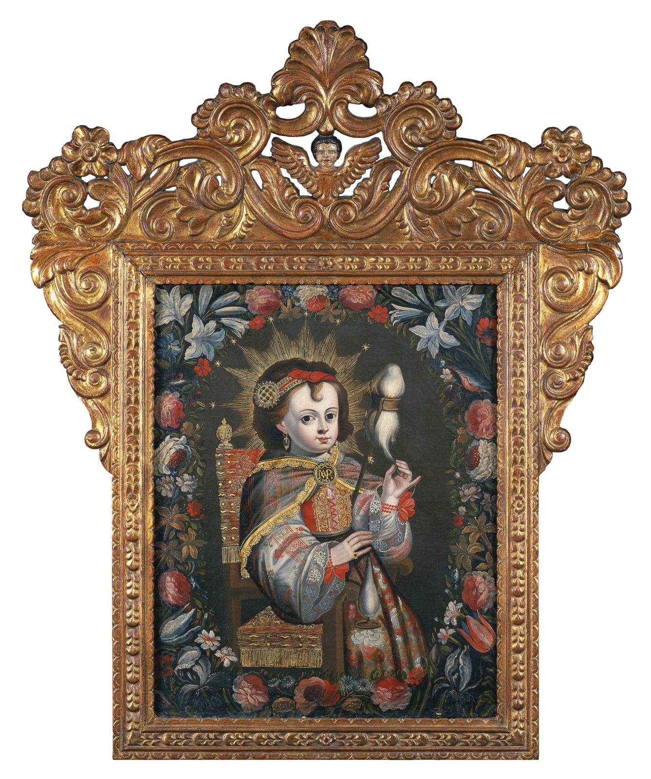 A painting depicting the Virgin Mary as a child, sitting on a friar's chair spinning fiber into thread. She is surrounded by a frame of flowers.