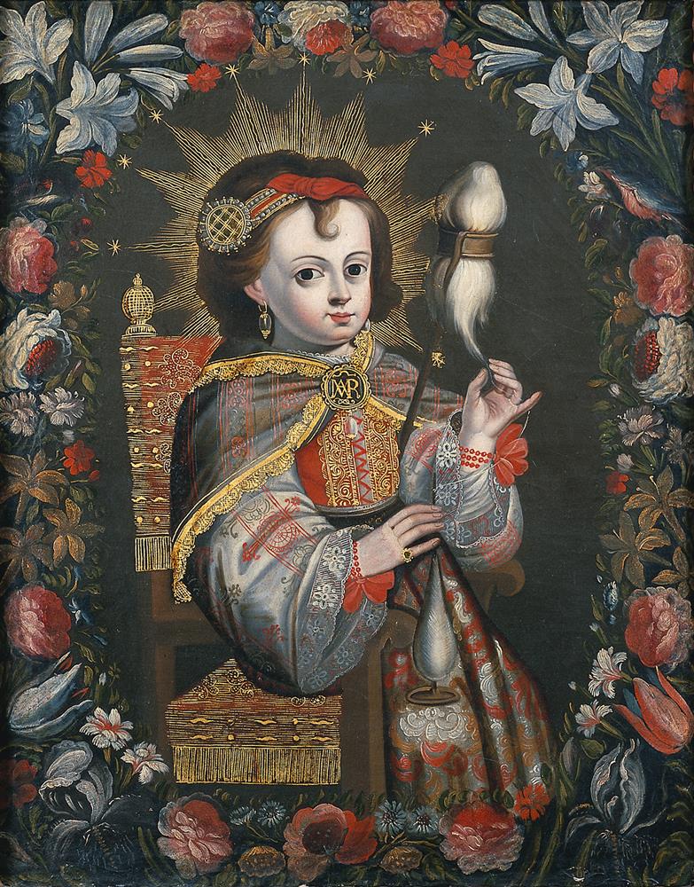 A painting depicting the Virgin Mary as a child, sitting on a friar's chair spinning fiber into thread. She is surrounded by a frame of flowers.