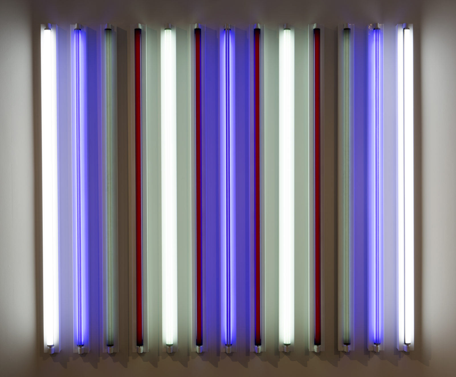 Here, the 13 evenly spaced tubes emit 6 different colors, with 4 on/off, user-controlled configurations. The custom-mixed colored gels are named after natural flora, including jade, violet, orange and avocado.