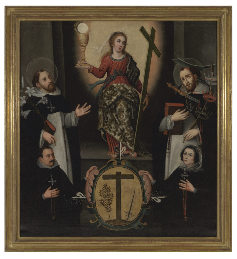 A painting depicting an allegorical woman depicting faith with a cross and a monstrance in her hands. On her left is Saint Dominic and on her right is Saint Peter of Verona. At the bottom of the painting is a shield with the insignia of the Spanish Inquisition flanked by the donor, Baltasar Francisco Ramírez and his wife.