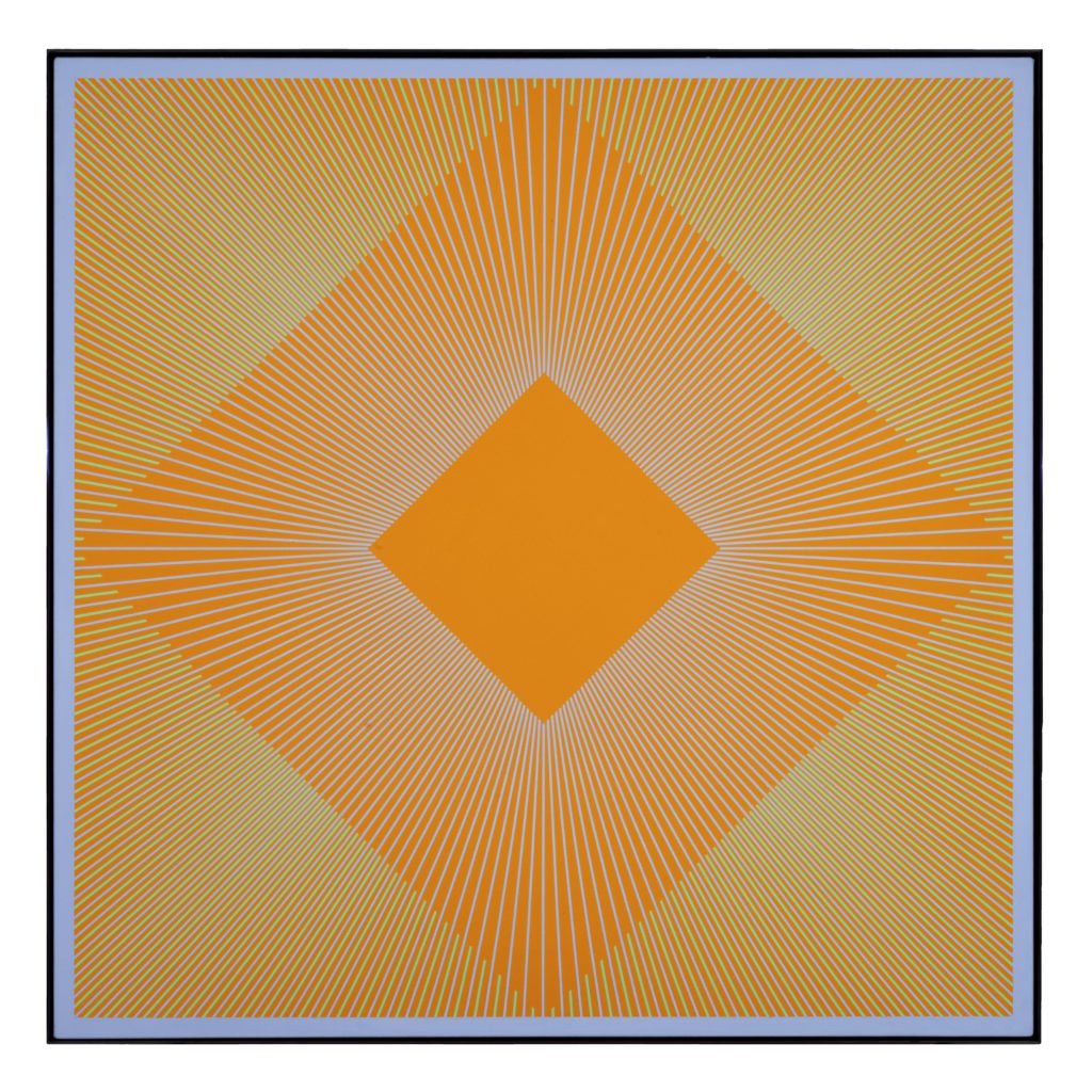 An abstract painting of various shades of orange and blue creating a radiating diamond.