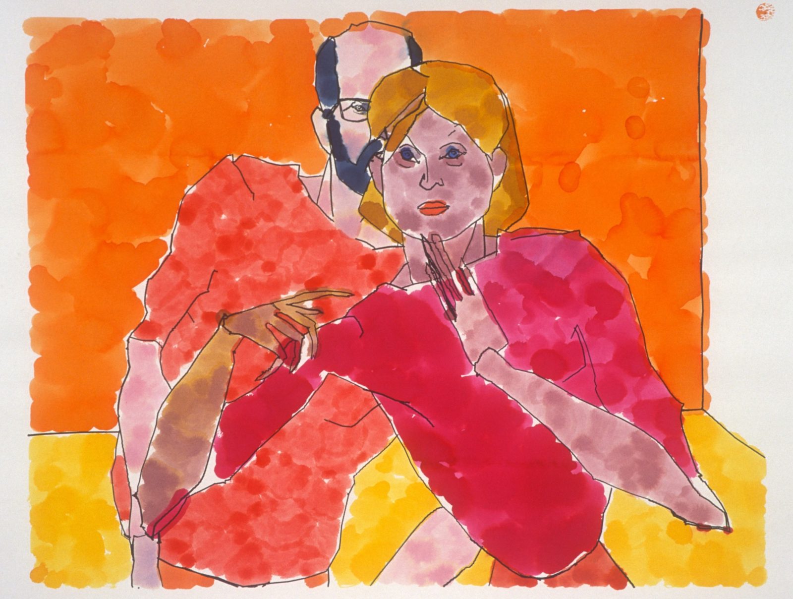 An expressionistic portrait of two humans painted by AARON, a computer learning system trained to paint.