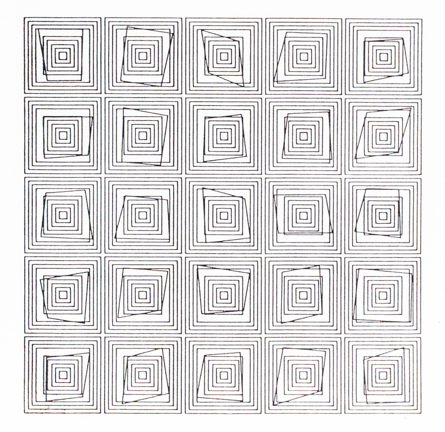 Across 23 drawings, a grid of concentric squares becomes progressively chaotic.