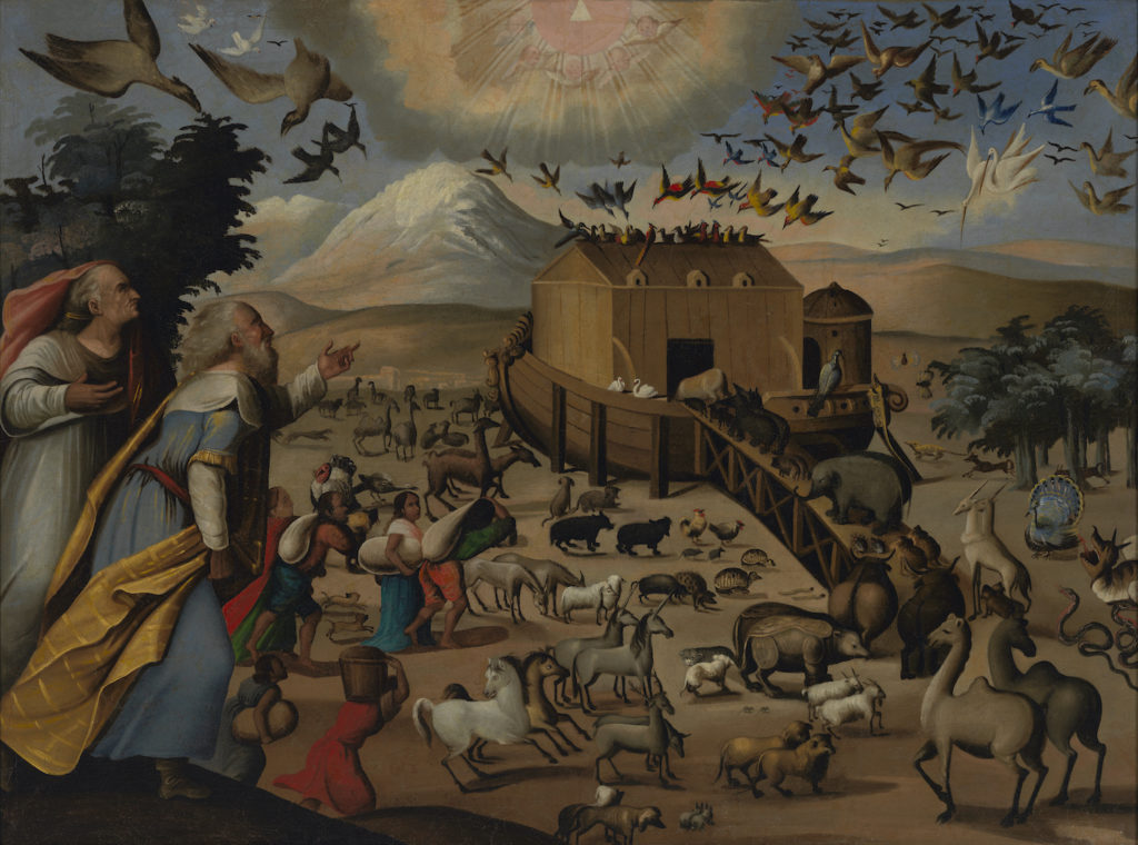 A painting depicting Noah and his family boarding the ark with European, American, exotic and fantastic animals.