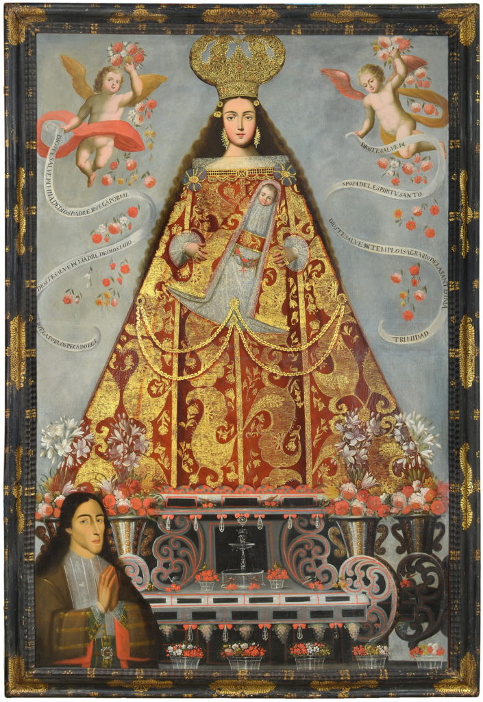 A painting depicting Our Lady of Bethlehem, the patron saint of Cuzco, as a devotional sculpture. In the bottom left corner is a portrait of the indigenous donor.