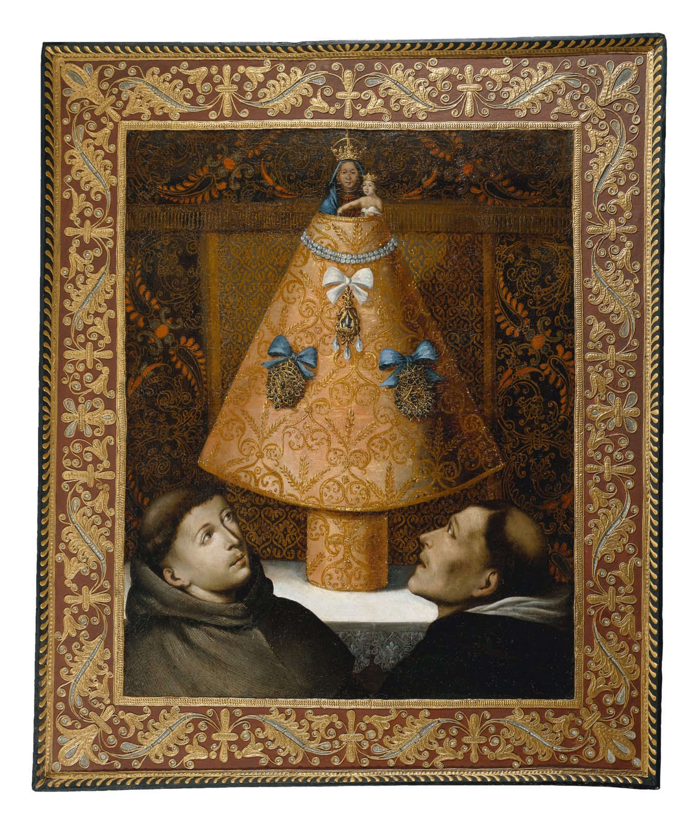 A painting depicting Our Lady of the Pillar with a Franciscan monk at bottom left and a Dominican monk at bottom right.