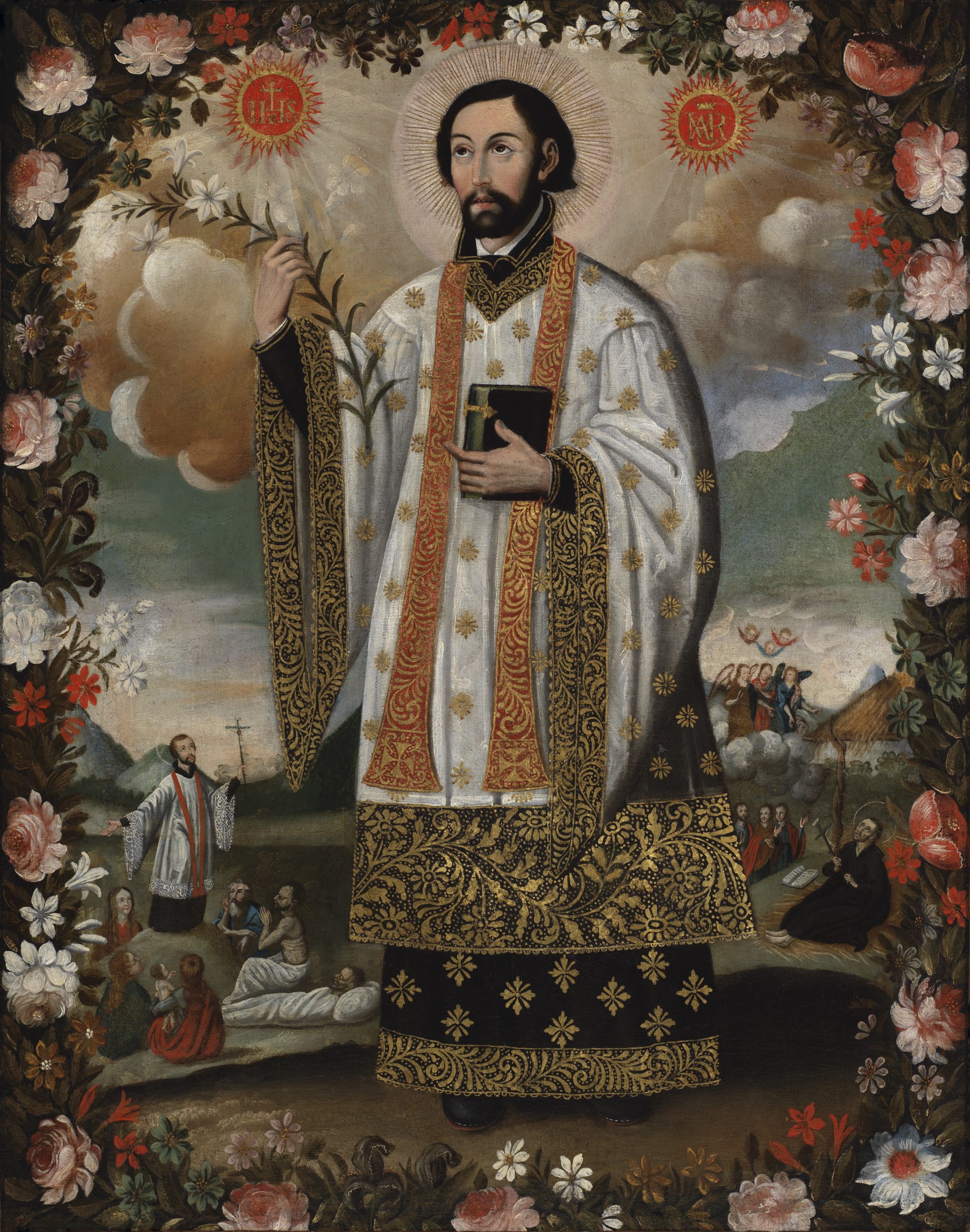 A painting depicting Saint Francis Xavier, the Apostle of the Indies, in front of scenes from his life, and surrounded by a frame of flowers.