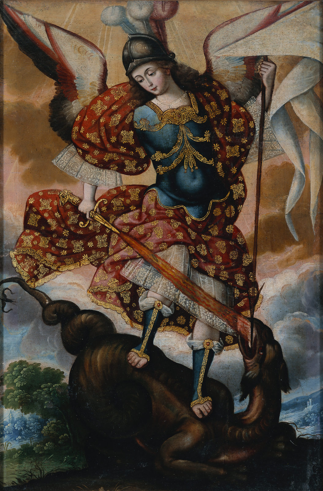 A painting depicting Saint Michael the Archangel with his flaming sword standing triumphantly on Satan as a dragon.