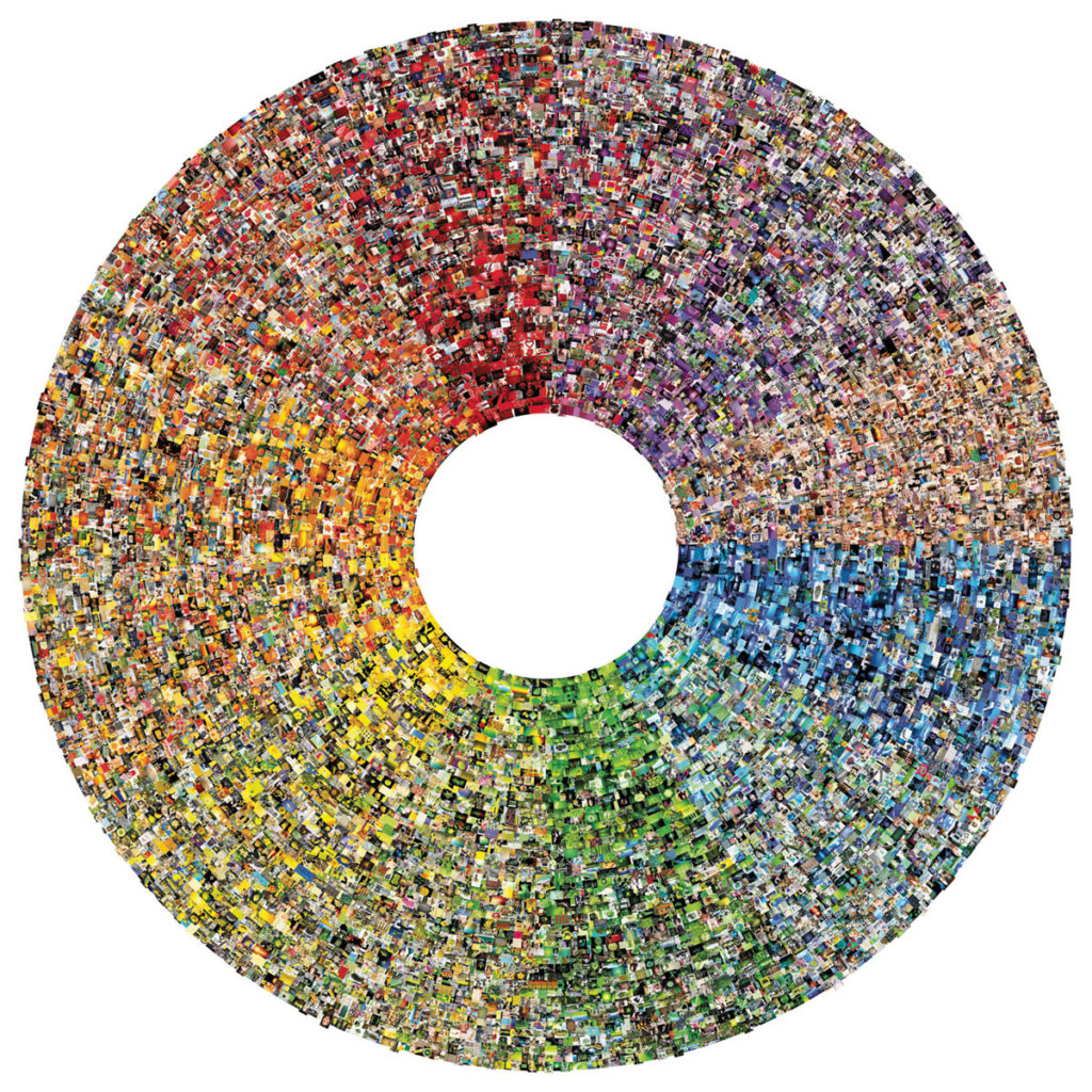 An artist's color wheel is comprised of internet search results for each color. The mosaic of small images reveal a slice of internet culture from the era the artworks was created.