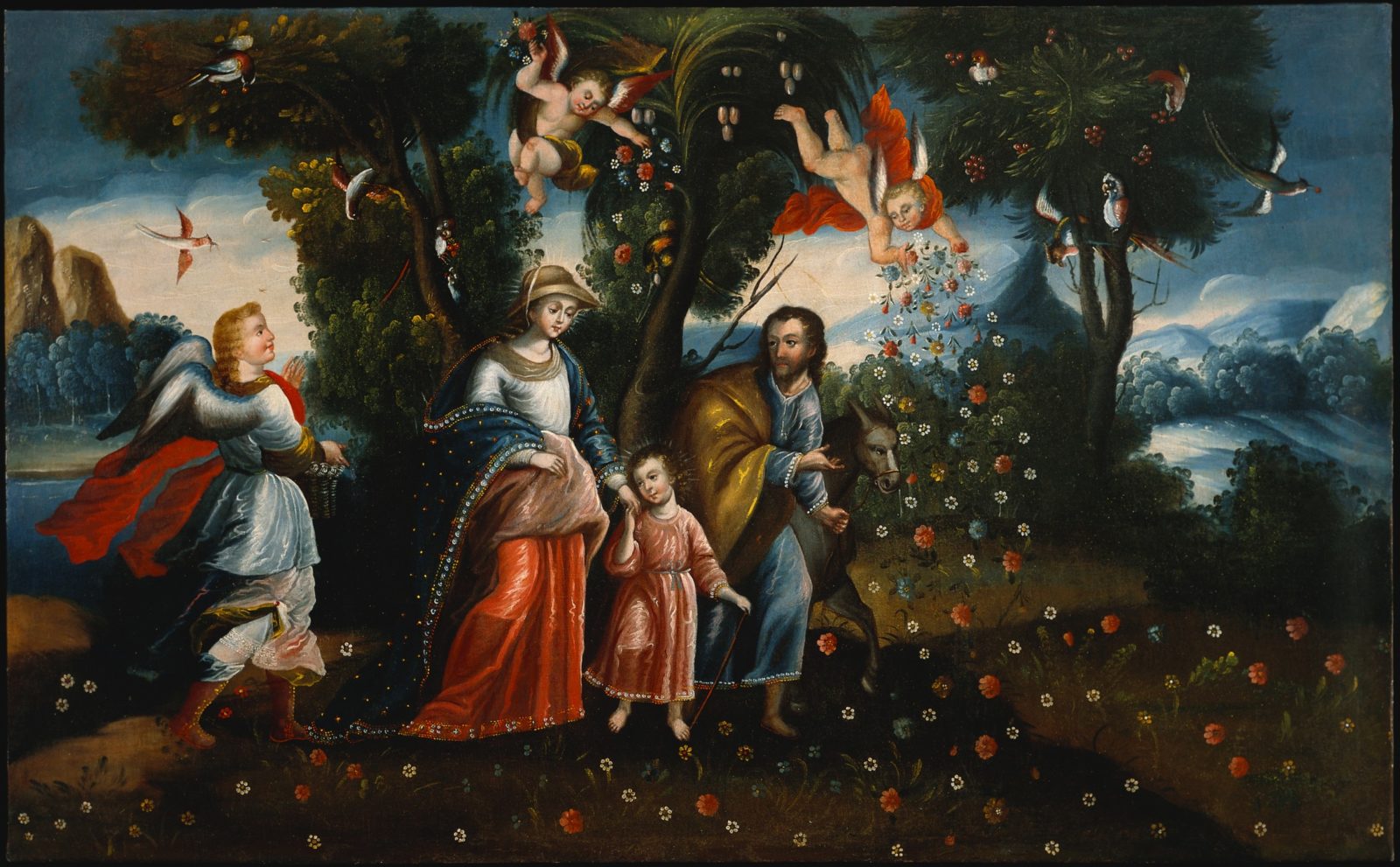 A painting depicting the Virgin Mary, an seven-year-old Christ, and Saint Joseph in an exotic landscape followed by an angel and putti overhead.