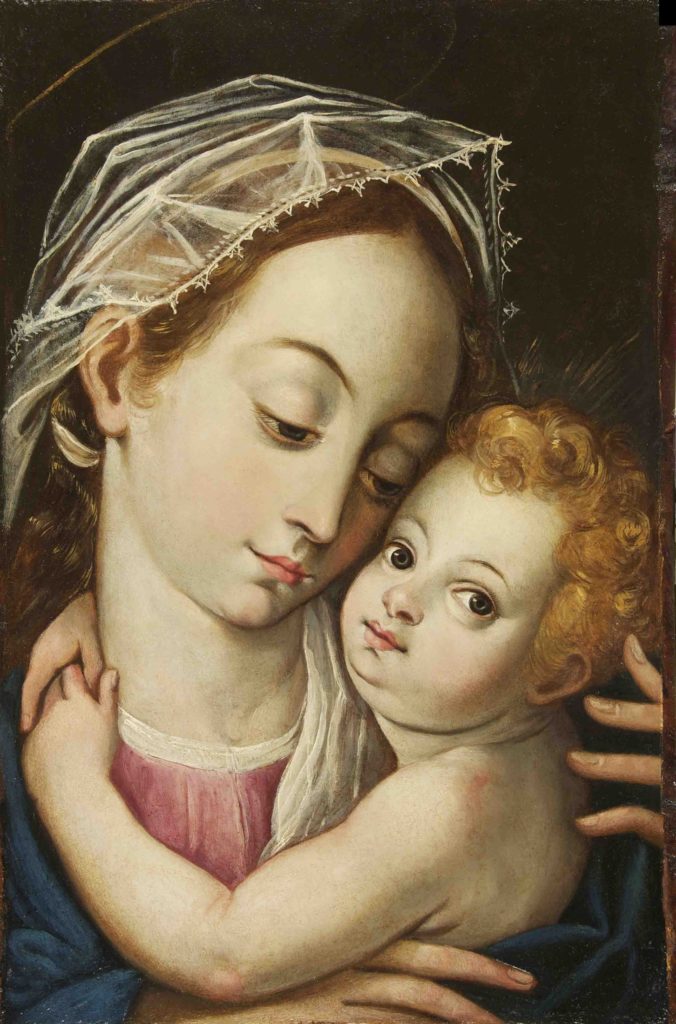 A painting depicting an intimate scene of the Virgin Mary closely holding the Christ Child.