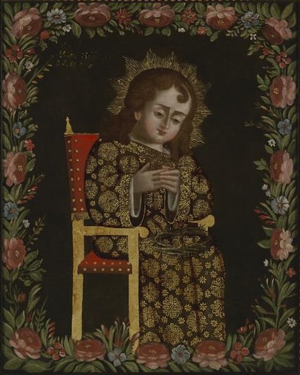 A painting depicting the Christ Child sitting on a Friar's chair, holding his finger that has be pricked by the crown of thorns on his lap.