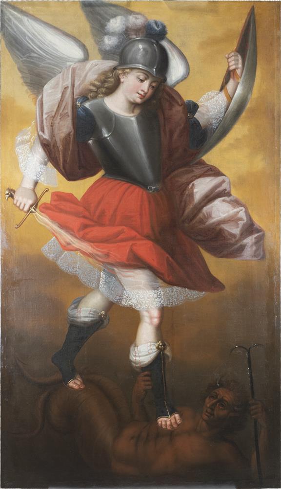 A painting depicting Saint Michael the Archangel holding a shield and a flaming sword, triumphantly standing over Satan.