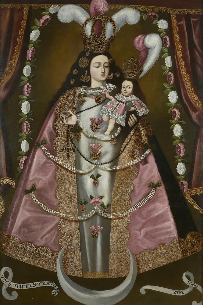 A painting depicting Our Lady of the Rosary holding the Christ Child. The painting is based on a sculpture of Our Lady of the Rosary in the Church of Santiago, Pomata.