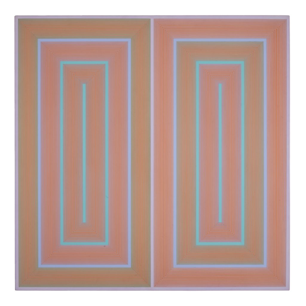An abstract painting of pink and blue tones in slivered lines creating inset boxes.
