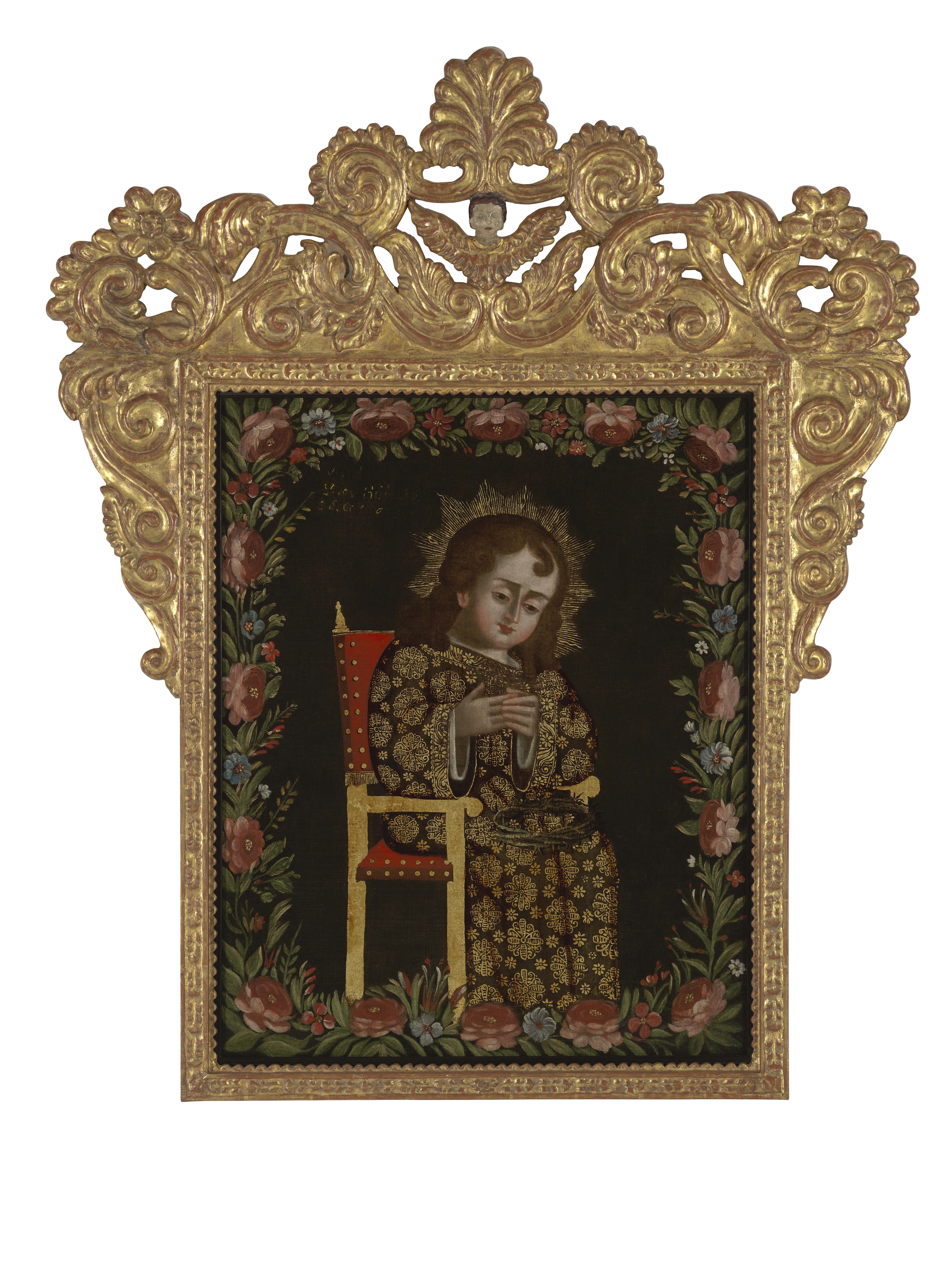 A painting depicting the Christ Child sitting on a Friar's chair, holding his finger that has be pricked by the crown of thorns on his lap.