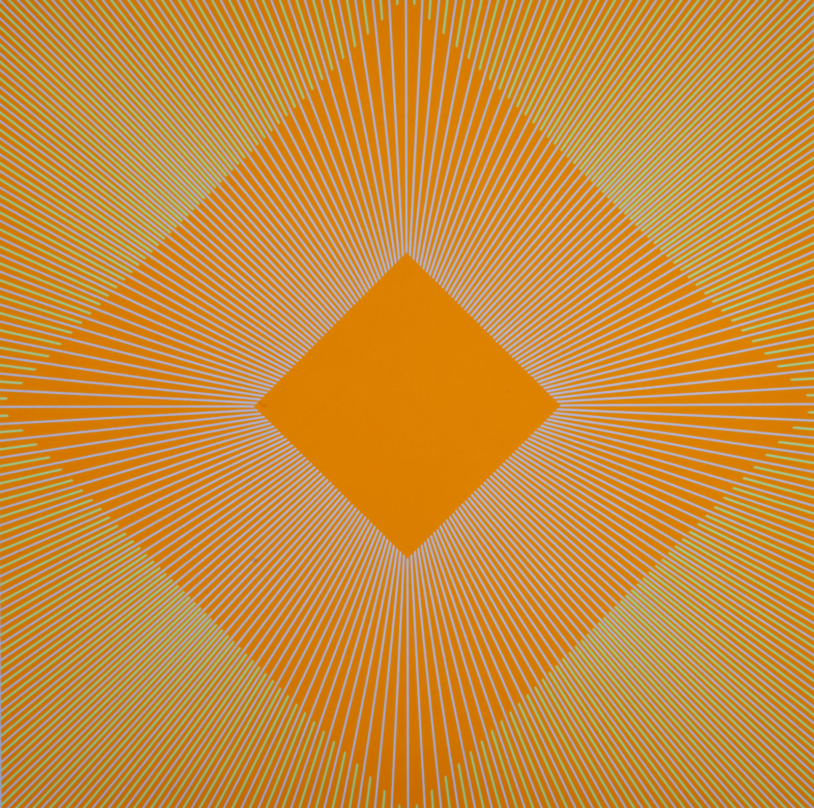 A yellow and orange abstract painting with geometric shapes.
