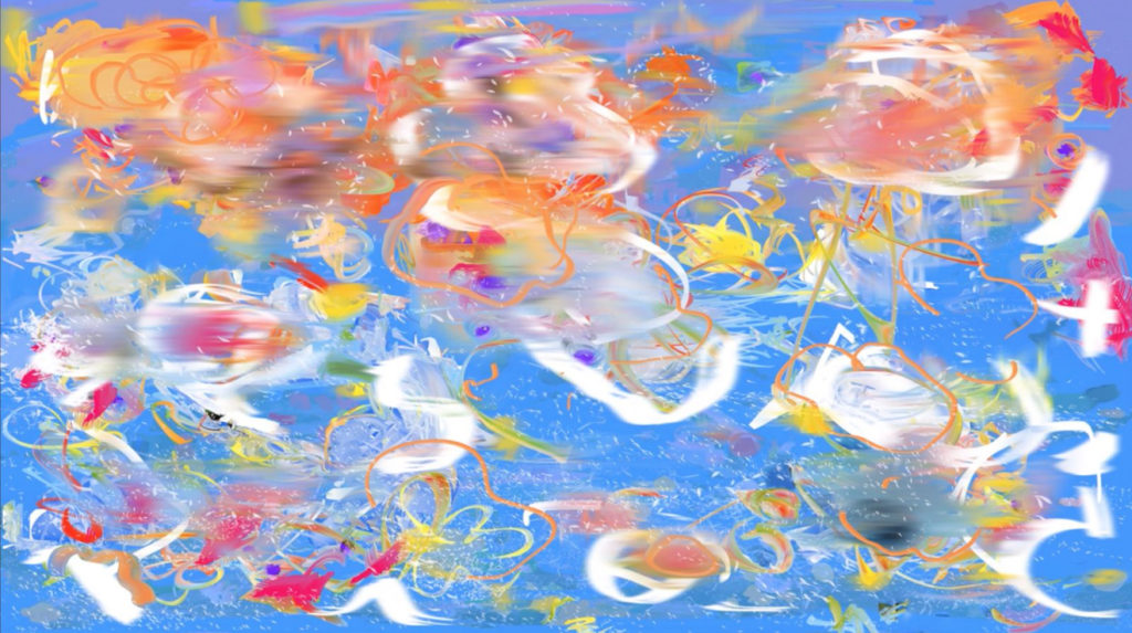 Still from video in which the artist creates dozens of Photoshop layers and custom digital brush shapes to reveal a slowly animating digital painting.