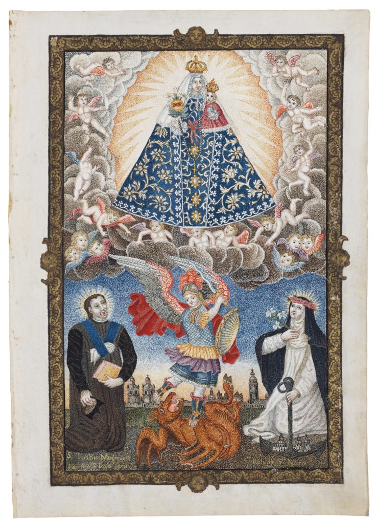 A painting depicting Our Lady with Saints Toribio de Mogrovejo, Saint Michael the Archangel, and Saint Rose of Lima.