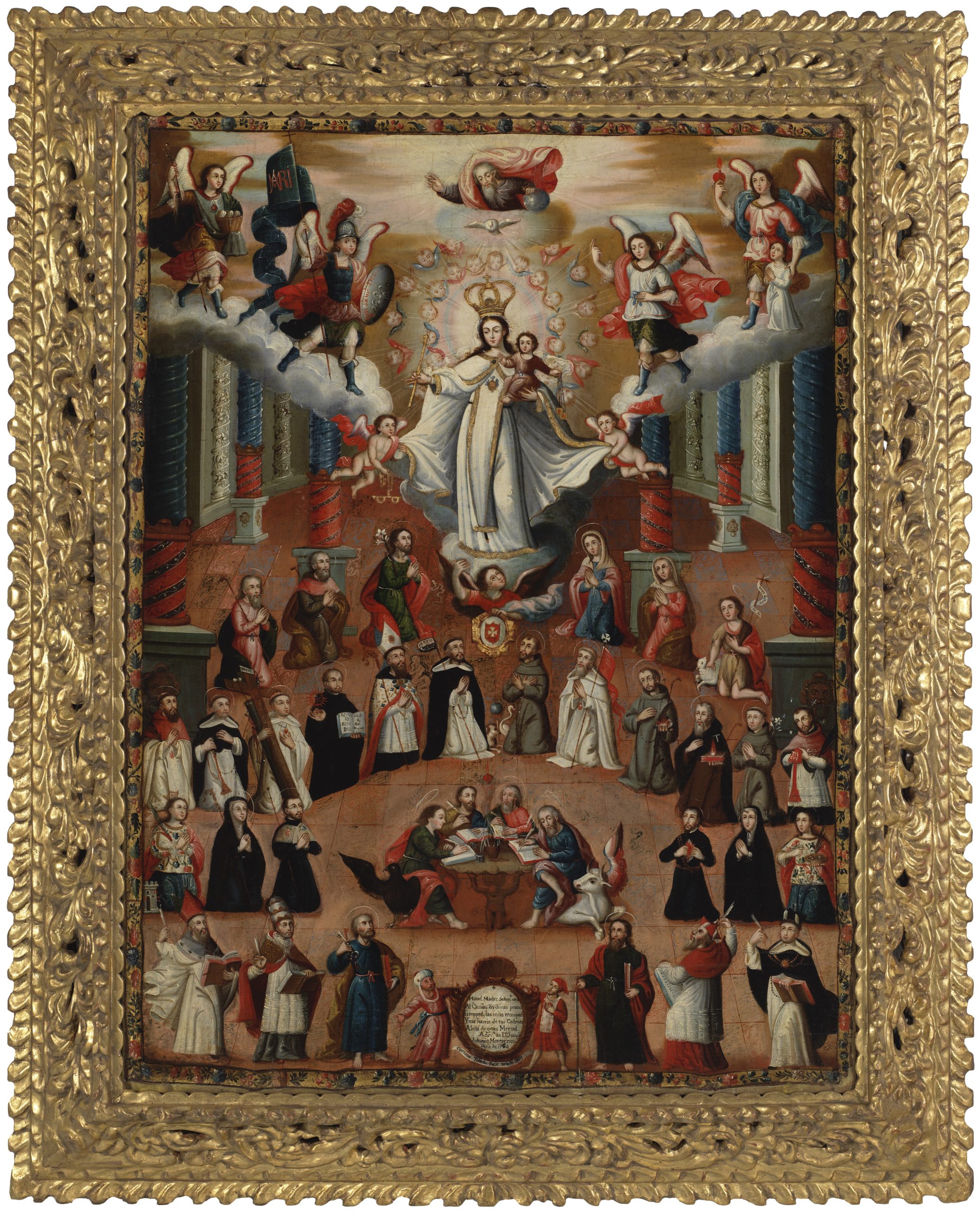 A painting depicting Our Lady of Mercy surrounded with saints, the Holy Trinity, and Archangels.
