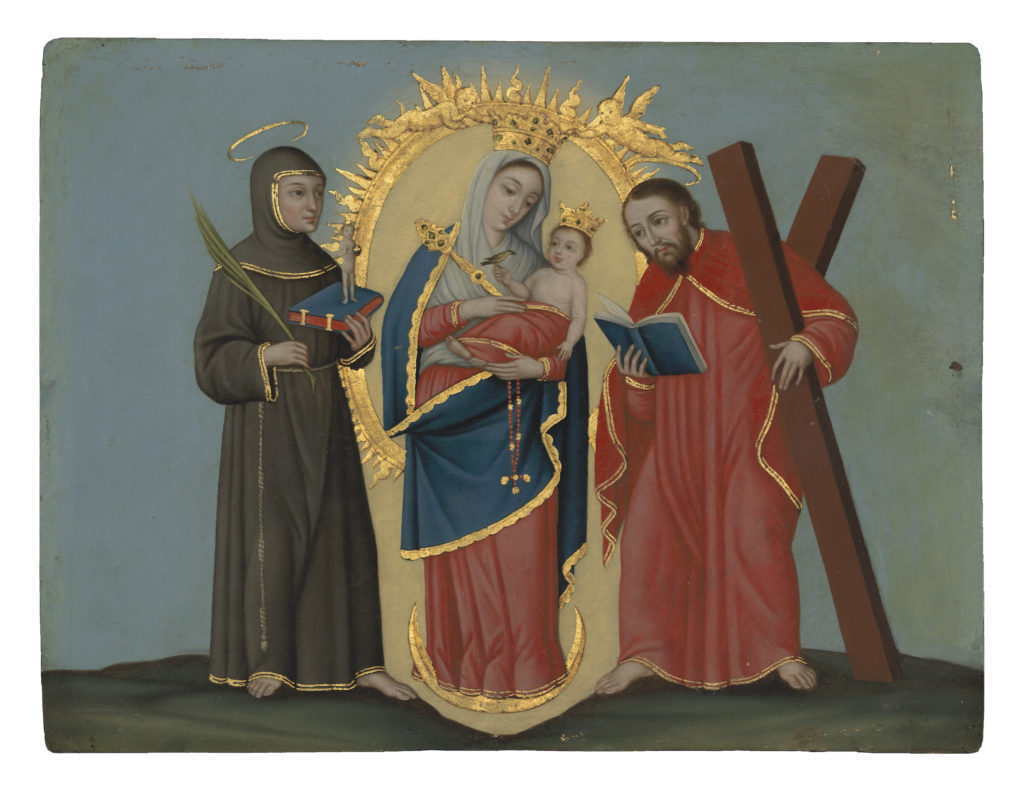 A painting depicting Our Lady of the Rosary of Chiquinquirá flanked by Saint Andrew, with his cross, and Saint Anthony of Padua.