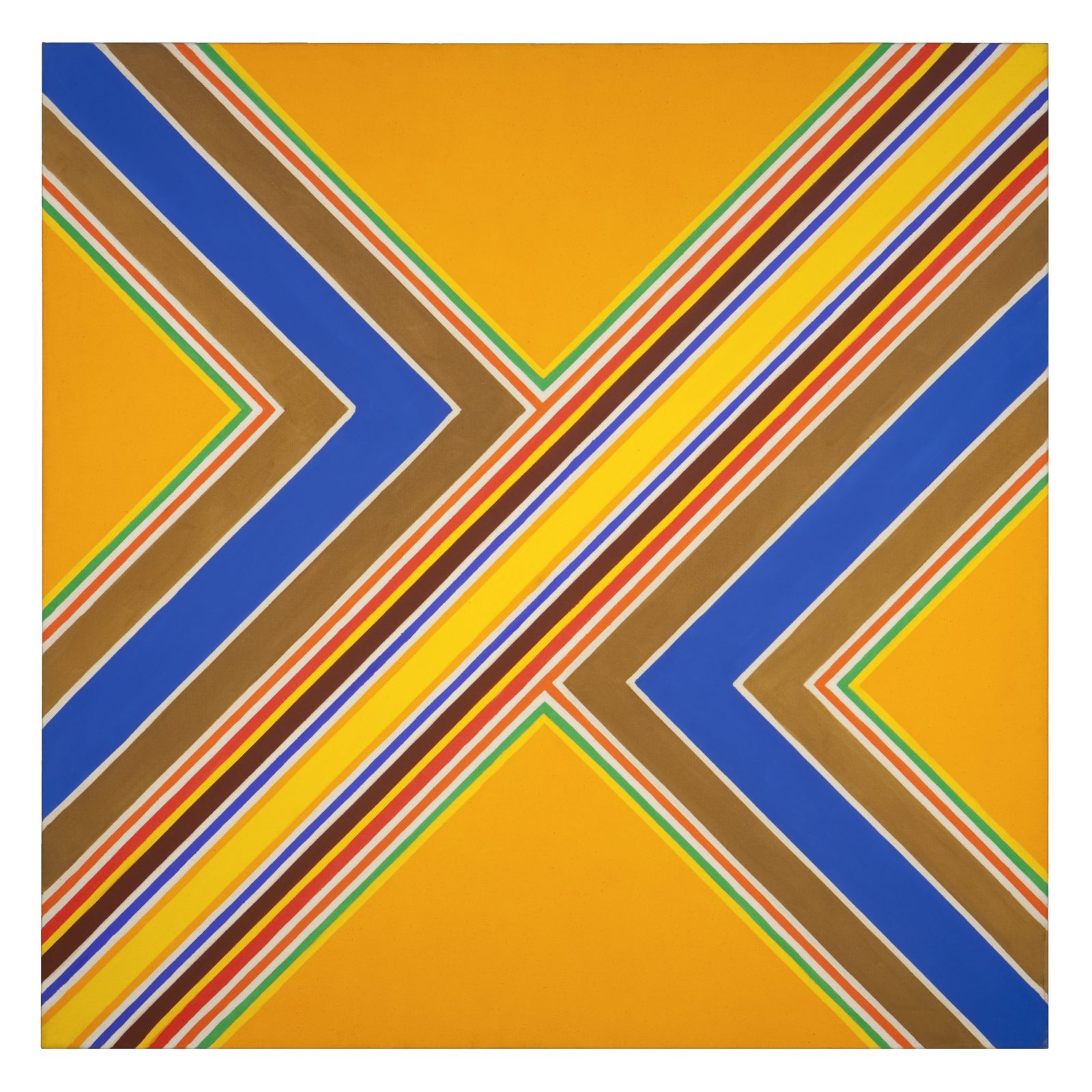 An abstract painting with multicolored stripes creating an X shape on orange ground.