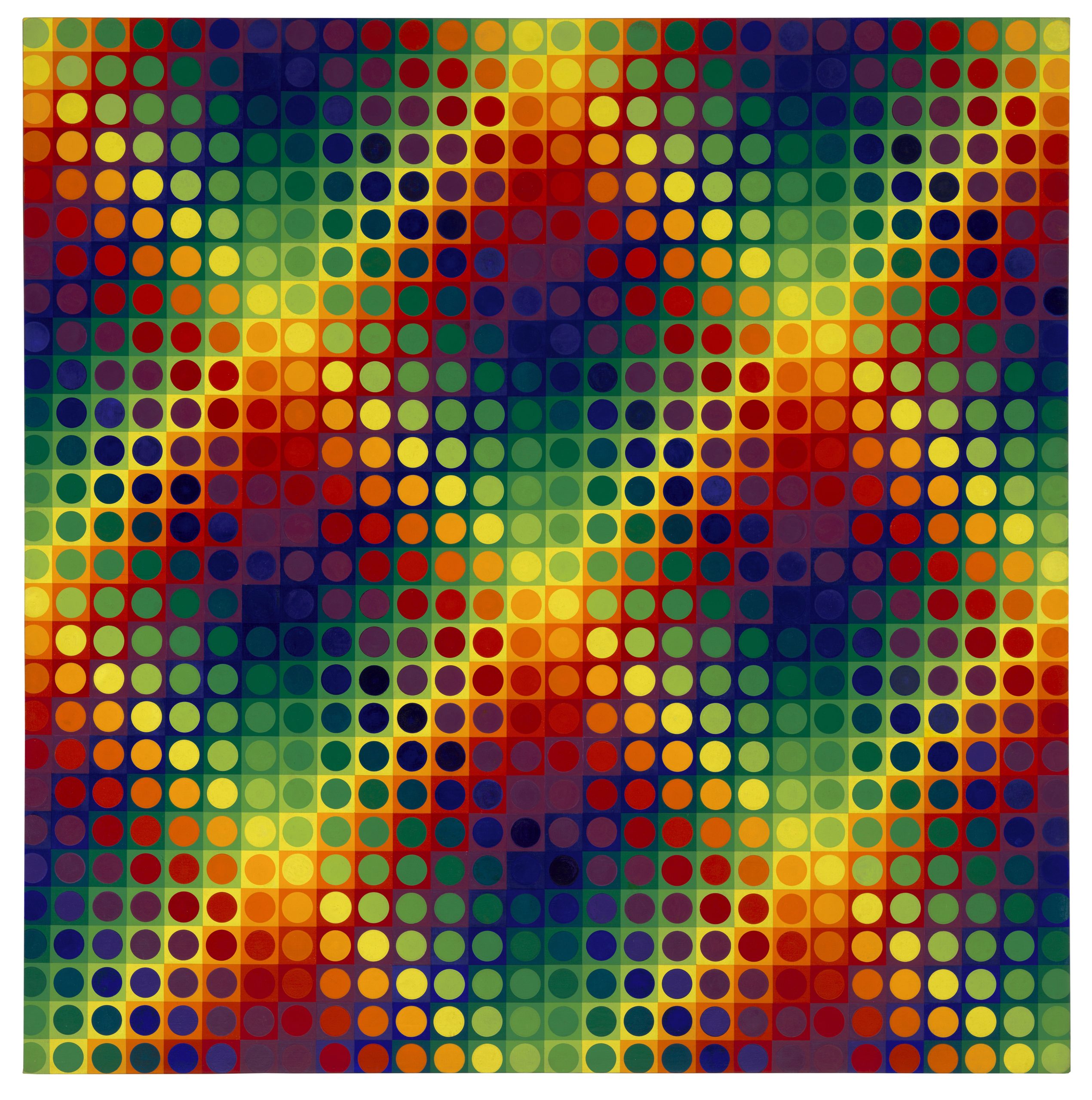 An abstract painting of various colored circles on squares, laid in a grid making visual cross hatches.