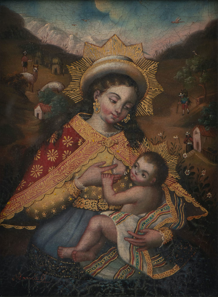 A painting depicting the Virgin Mary nursing the Christ infant with detailed depictions of daily life behind them.