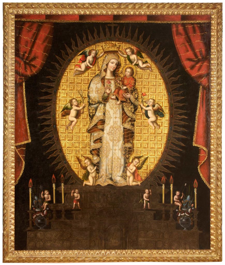 A painting depicting Our Lady of La Antigua on a stepped altar within an oval nimbus and between drawn curtains.
