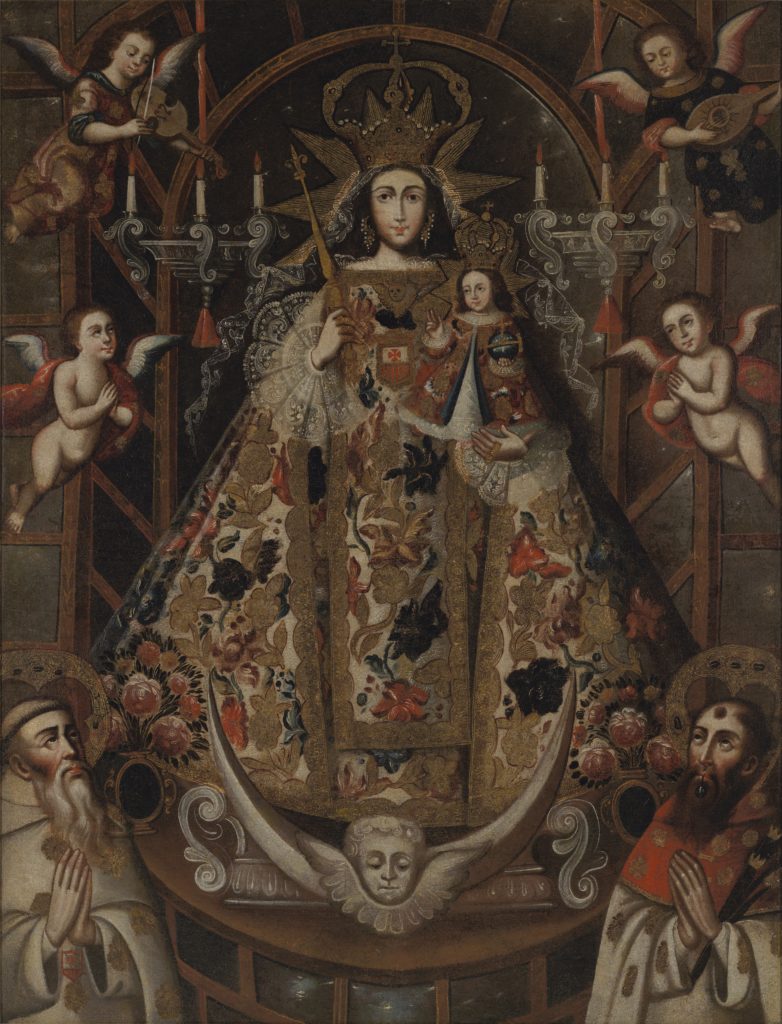 A painting depicting the Virgin Mary as a dressed statue. On the bottom left is San Pedro Nolasco and on the bottom right, San Ramón Nonato.