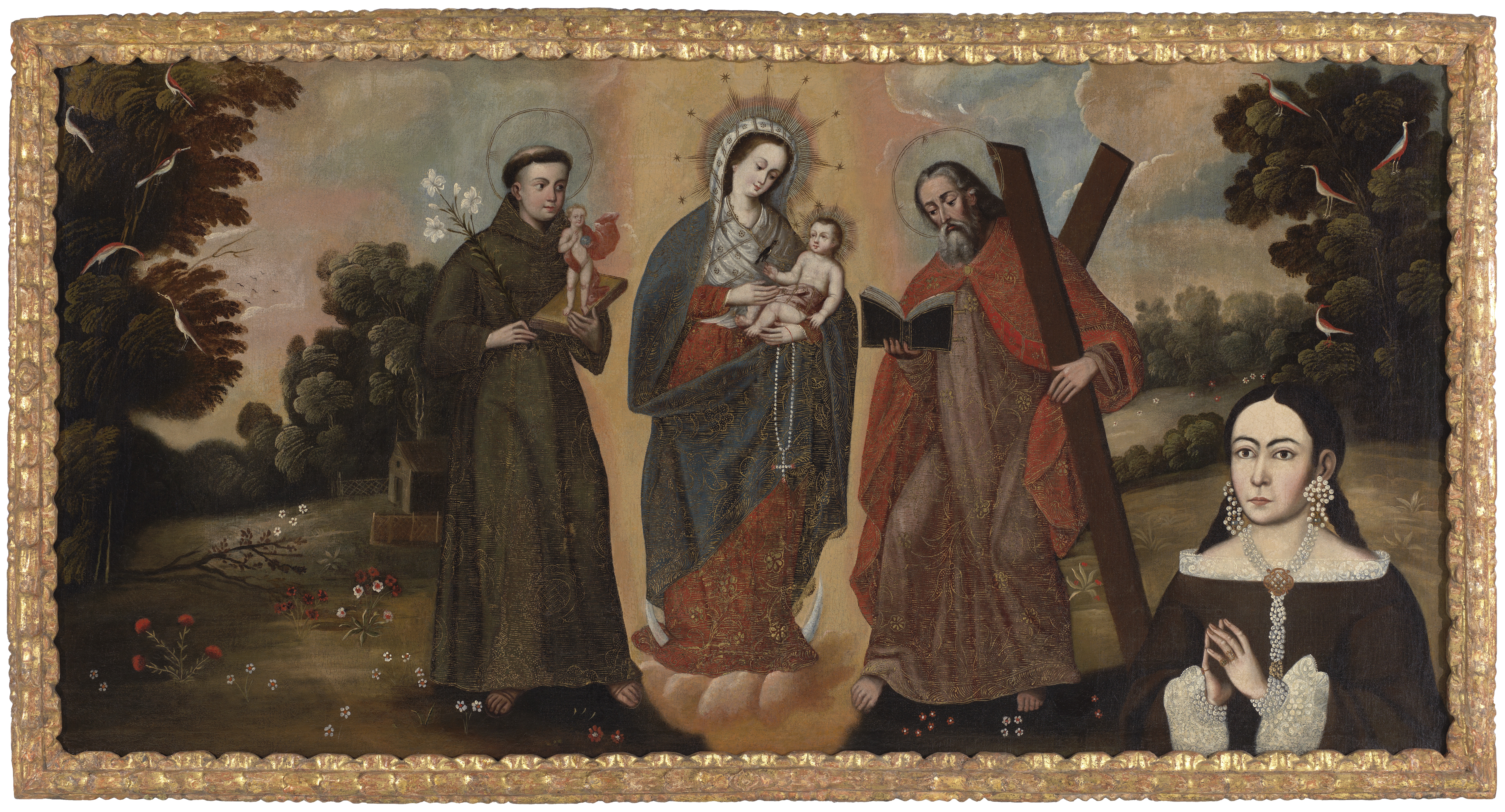 A painting depicting Our Lady of the Rosary of Chiquinquirá flanked by Saint Andrew, with his cross, and Saint Anthony of Padua. In the bottom right corner, a portrait of the the donor is depicted.