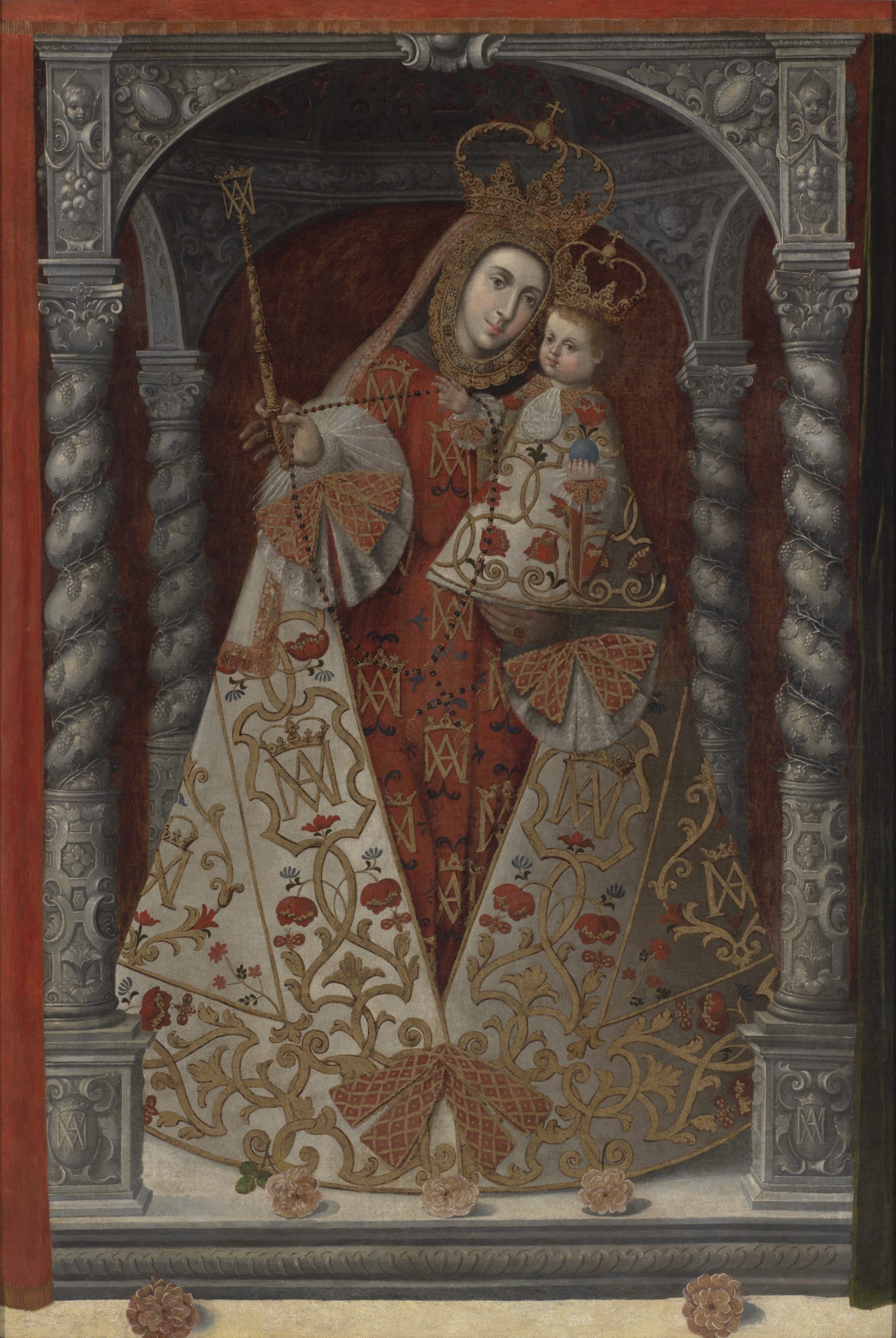 A painting depicting a dressed sculpture of Our Lady of the Rosary and the Christ Child under a baldaquin supported by four Solomonic columns.