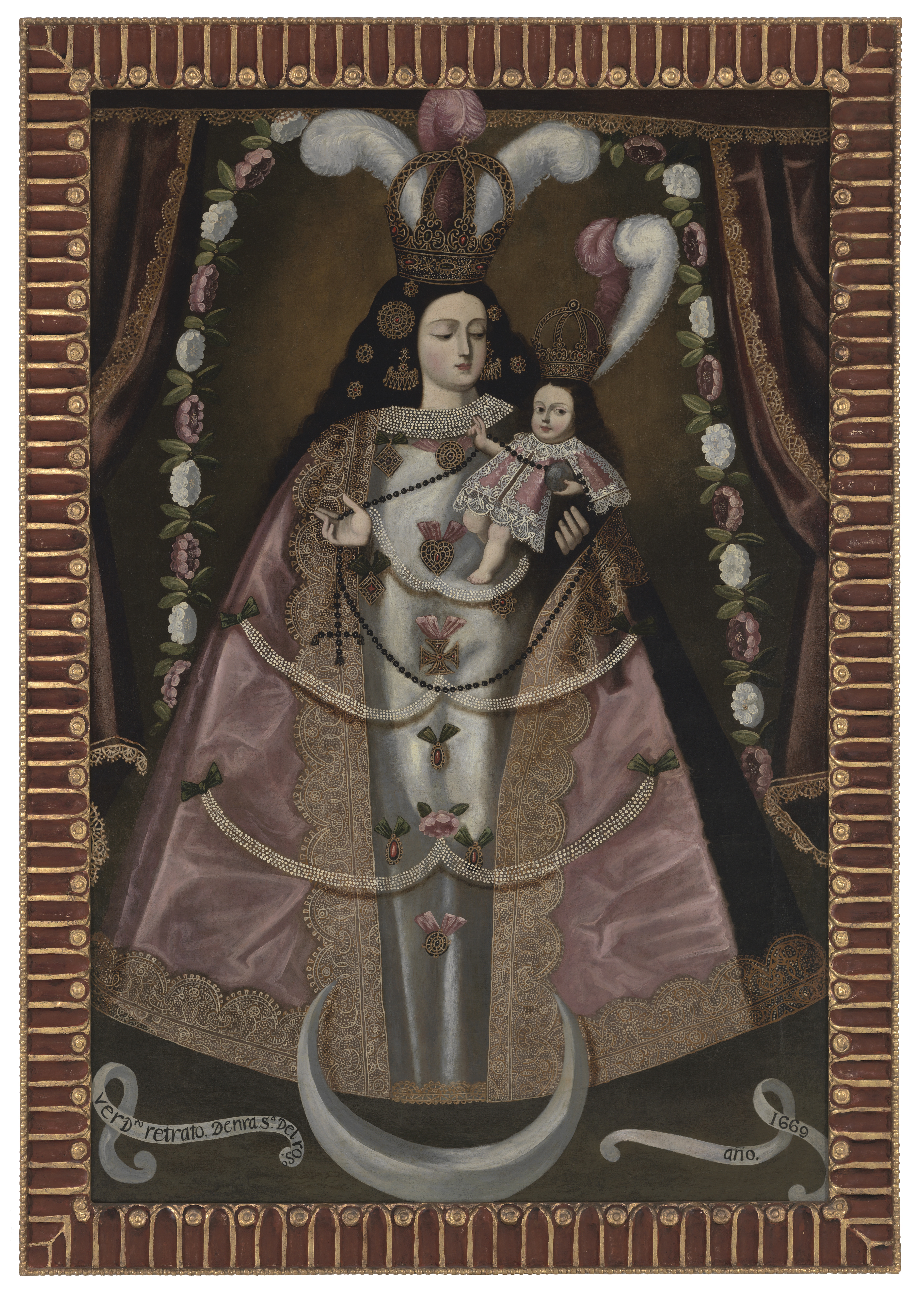 A painting depicting Our Lady of the Rosary holding the Christ Child. The painting is based on a sculpture of Our Lady of the Rosary in the Church of Santiago, Pomata.