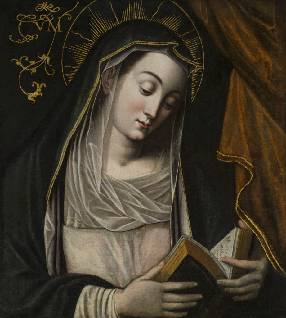 A painting depicting the Virgin Mary reading.
