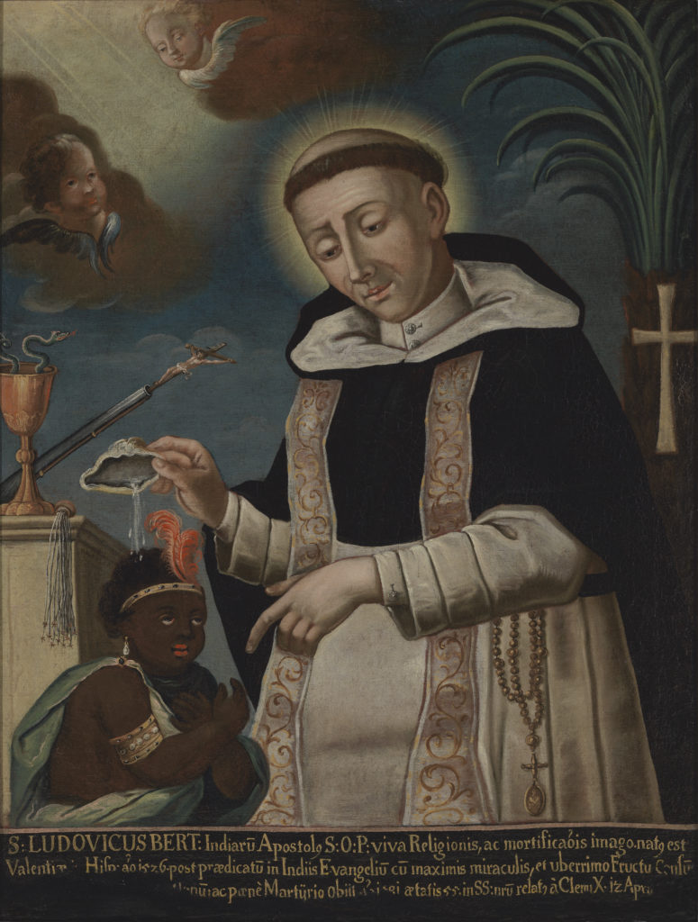 A painting depicting Saint Luis Beltrán baptizing an kneeling African slave with a shell. In the background are symbols related to his life as a missionary in the Americas.
