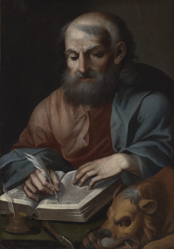 A painting representing the Evangelist Saint Mark writing, with his emblem a lion.