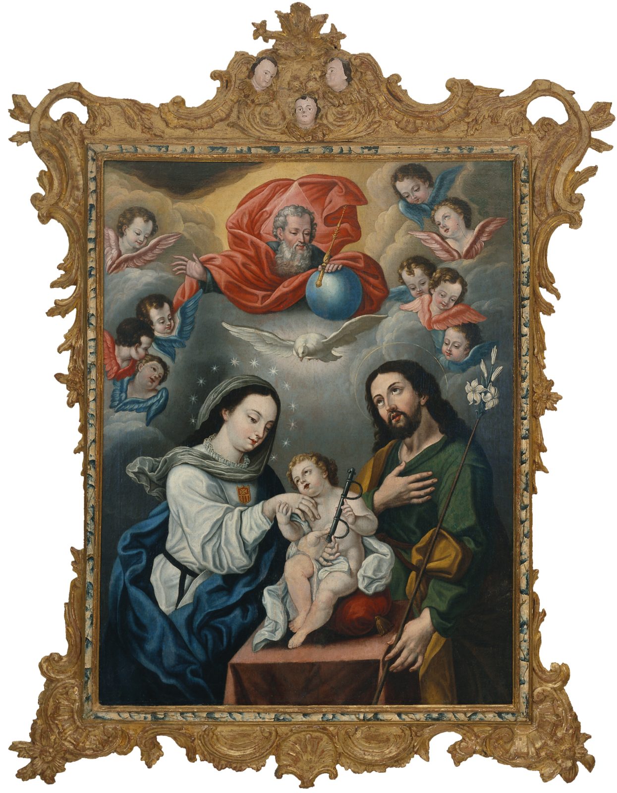 A painting depicting the Christ Child holding a yolk and is flanked by the Virgin Mary and Saint Joseph. Above is God and a dove, symbolizing the Holy Spirit.