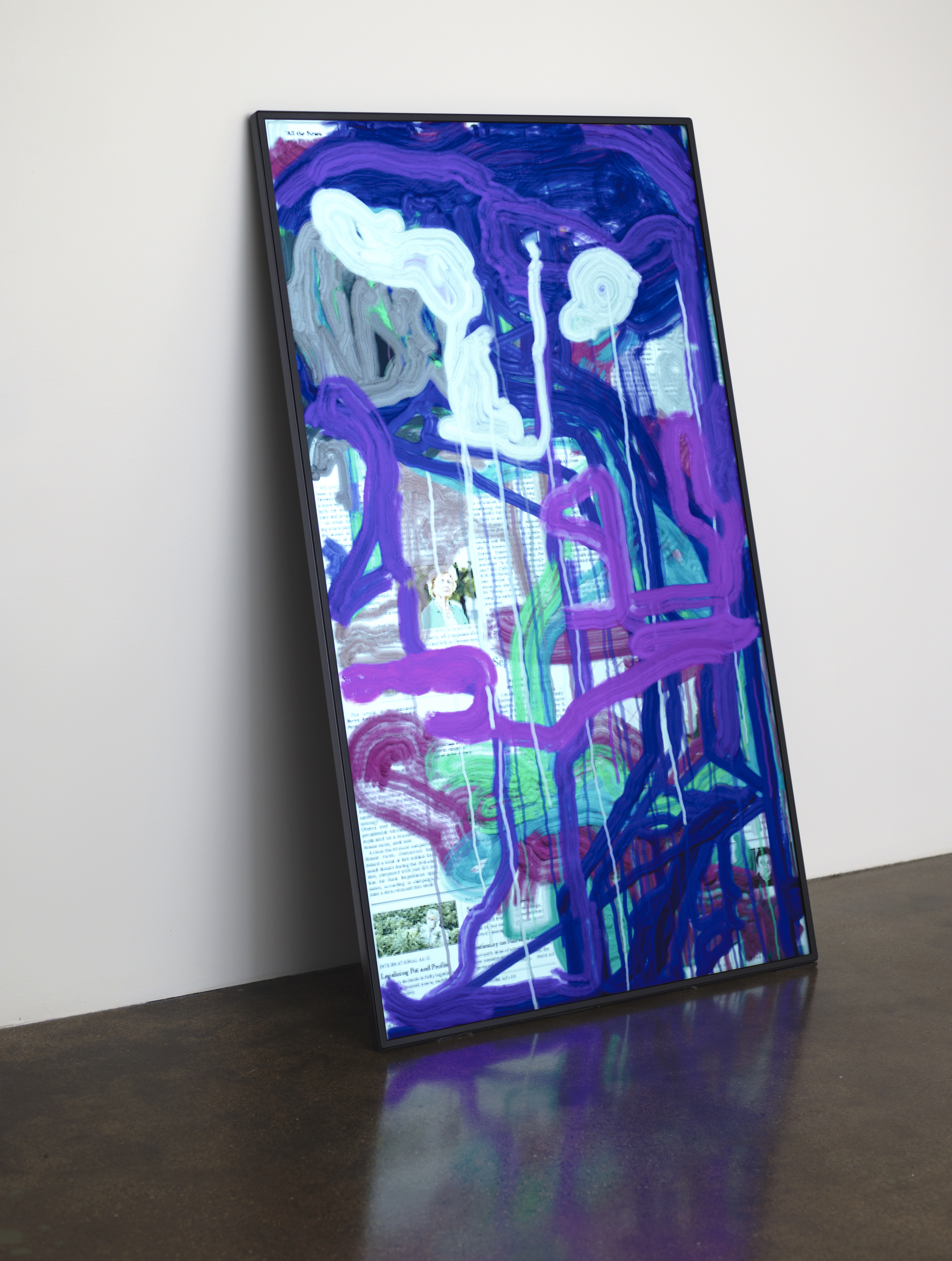 A monitor displays a software-based artwork in which the front page of The New York Times becomes the canvas for a digital painting in an abstract expressionist style.