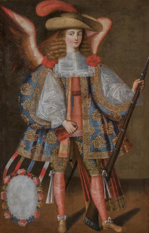 A painting of an angel carrying a harquebus (matchlock gun).