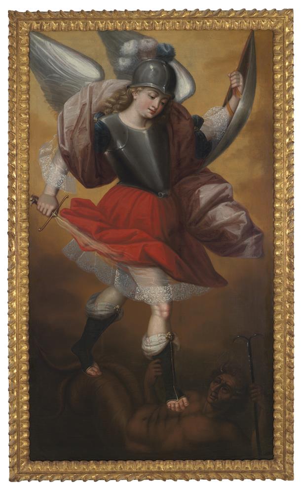 A painting depicting Saint Michael the Archangel holding a shield and a flaming sword, triumphantly standing over Satan.