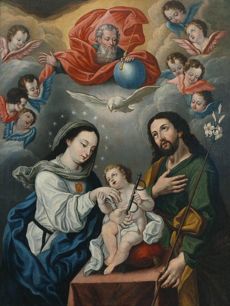 A painting depicting the Christ Child holding a yolk and is flanked by the Virgin Mary and Saint Joseph. Above is God and a dove, symbolizing the Holy Spirit.