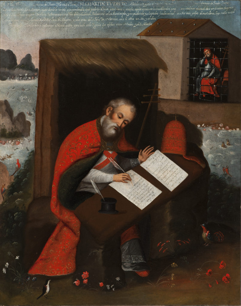 A painting depicting Saint Martin sitting at a desk writing on sheets of paper. In the background he appears again locked in a cell, behind bars.
