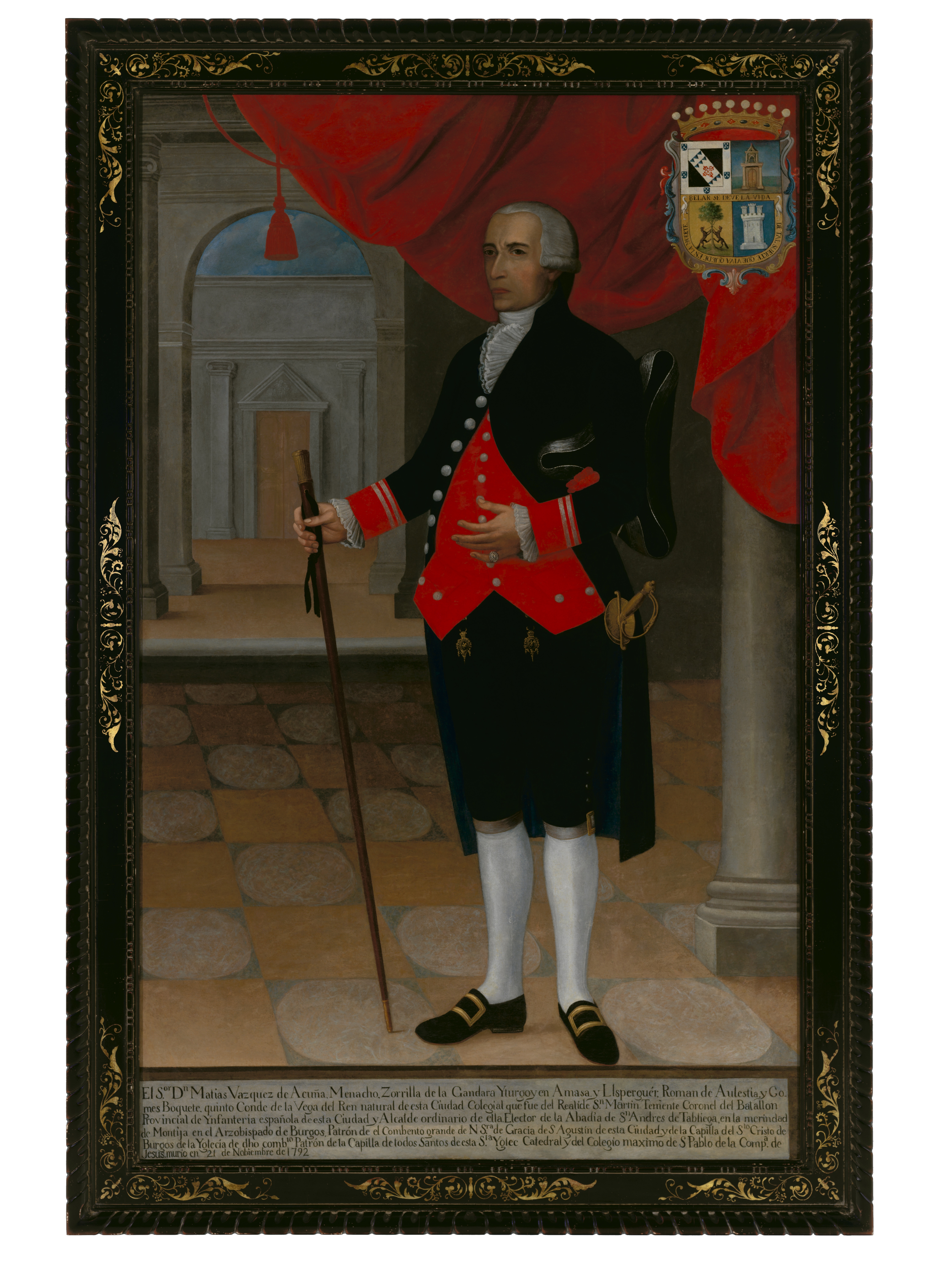 A painting depicting a man in an smart set of clothes standing in a large room with a red drape behind him. His coat of arms is in the top left corner while a block of text describing of his biography is at the bottom.