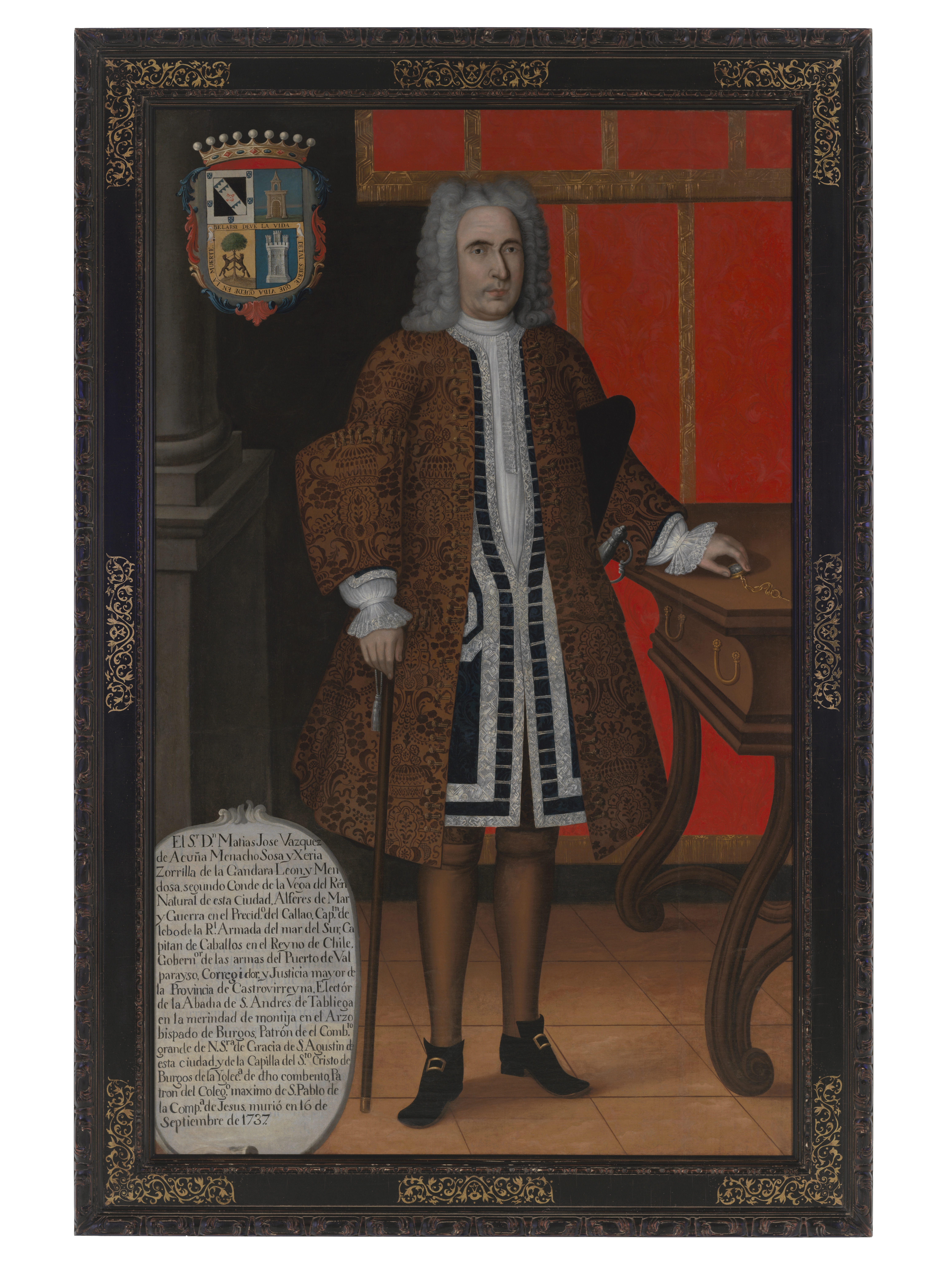 A painting depicting a man in an opulent set of clothes standing at a table with a red drape behind him. His coat of arms is in the top left corner while a cartouche of his biography is at the bottom left.