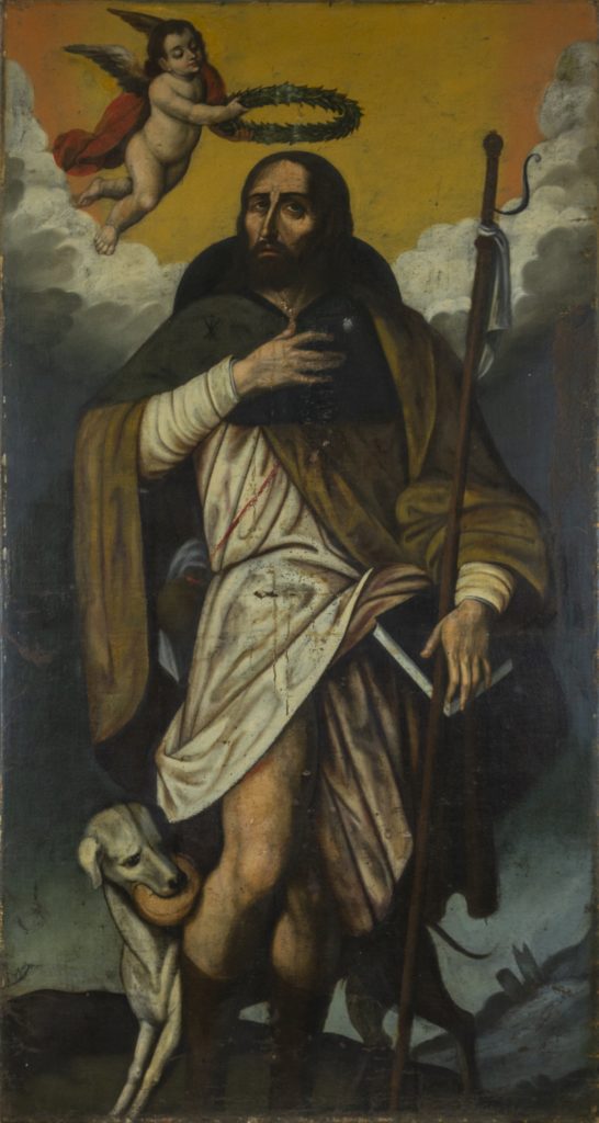 A painting of Saint Roch with a putto placing a wreath on his head. he holds a staff, lifts his garment to show his wound on his leg, and a dog with bread in its mouth stands behind him.