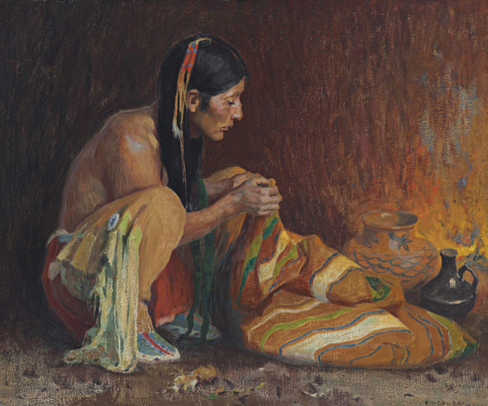 A painting depicting a swatting man weaving a blanket by firelight.