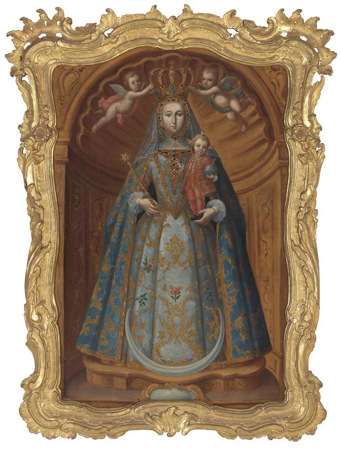 A painting in a carved gilt frame, depicting a statue of Our Lady of Guidance in Caracas, Venezuela.